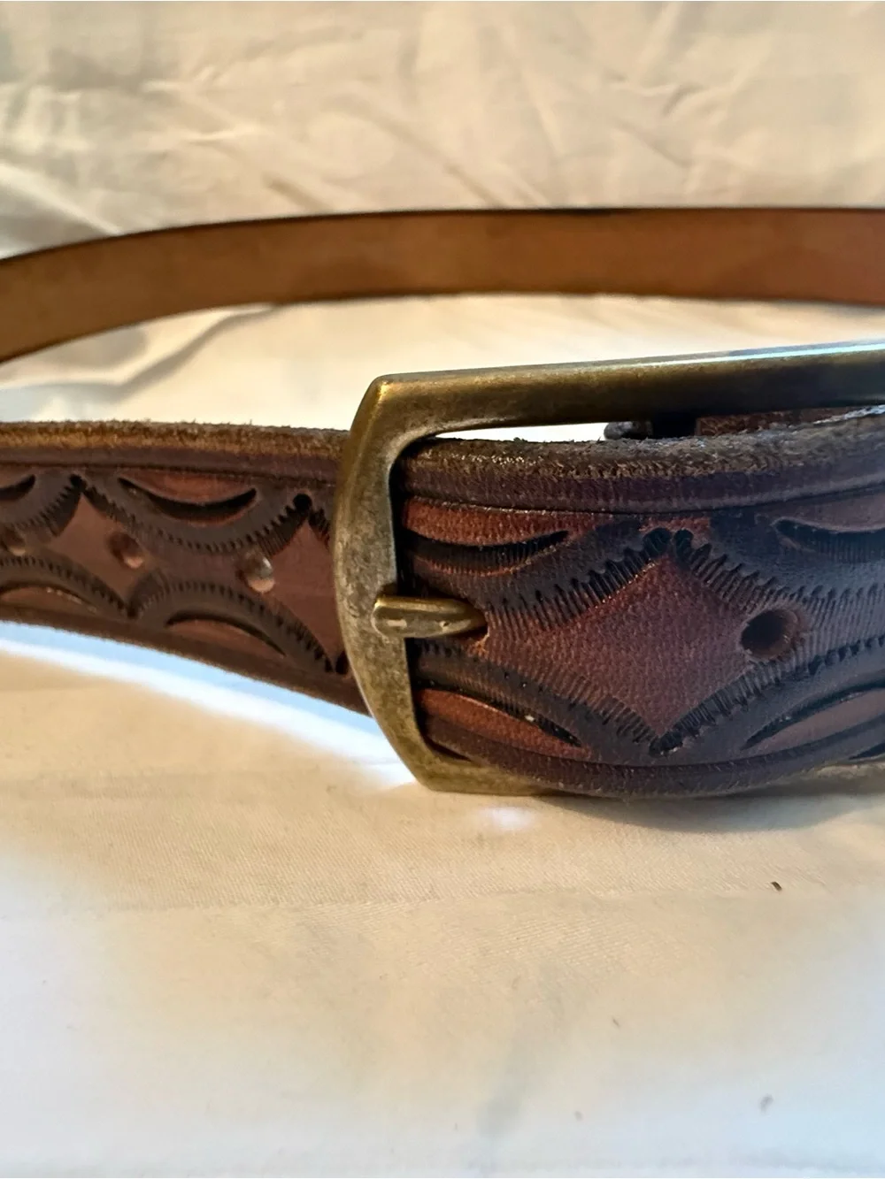 Leather Tooled Brown Men's Belt with Antiqued Brass Buckle
